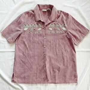 Koret Vintage Red Gingham Beaded Embroidered Button-up Shirt Womens Large